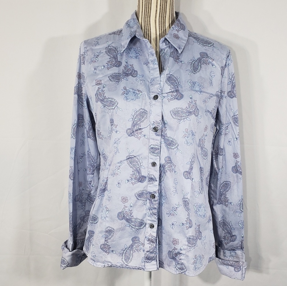 Taylor Marco Blue and White Floral Blouse. Size Large.
